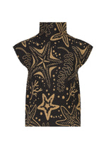 The STARFISH top by me ISSEY MIYAKE is a black high-neck piece with French sleeves, adorned with gold sea motifs including starfish, coral, and swirling lines. - BLACK-HUED （no.19）