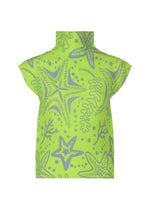 The STARFISH top by me ISSEY MIYAKE features stretch pleats, a high neck, wide structured shoulders, and a straight silhouette. Its bright green base is adorned with purple sea star, coral, and dot patterns. - LIME YELLOW-HUED （no.58）
