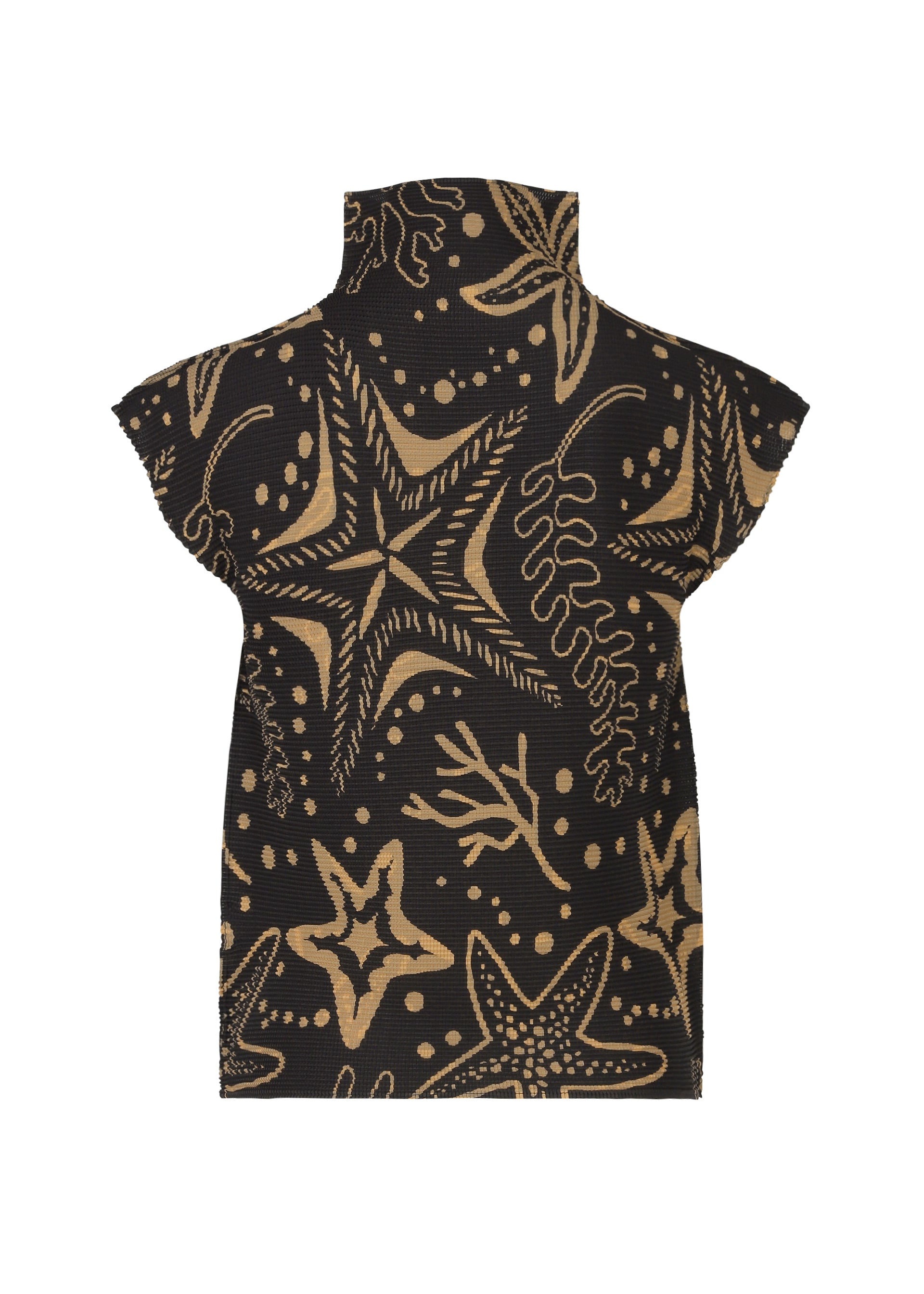 Zoomed view The STARFISH top by me ISSEY MIYAKE is a short-sleeved, high-neck design with French sleeves and stretch pleats, showcasing a beige sea life pattern of starfish, coral, and seaweed on black.