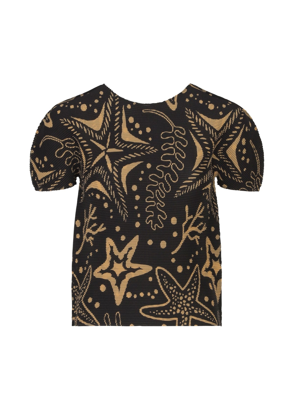 The STARFISH top by me ISSEY MIYAKE is a black, stretch pleated, round-neck tee with short sleeves, featuring a beige seaweed and starfish pattern of sea creatures and plants in a stylish, repeating print. view 1 of 7
