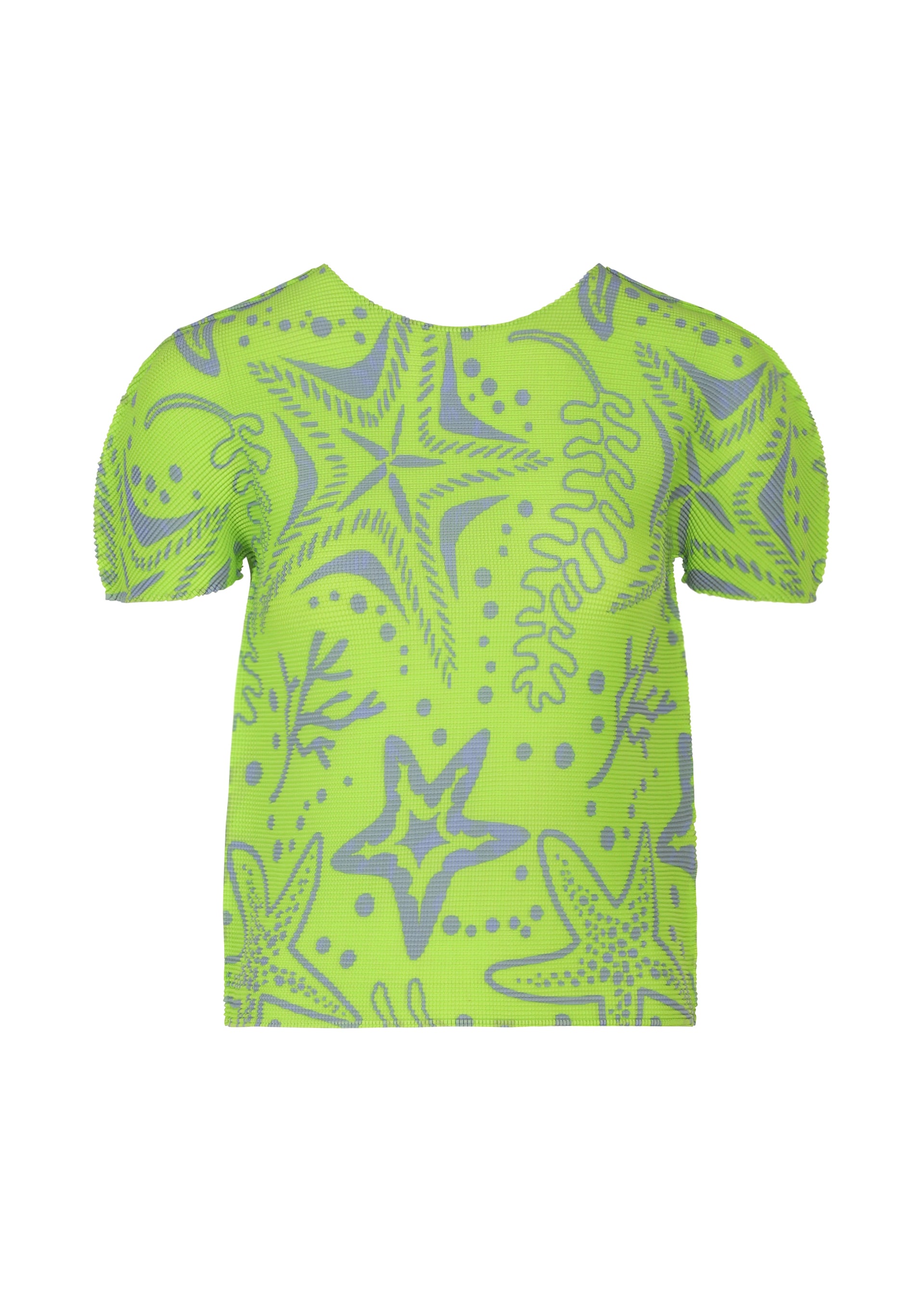Zoomed view The STARFISH top by me ISSEY MIYAKE is a bright green, round-neck, short-sleeved shirt with a playful starfish and seaweed pattern plus gray accents and dots. Stretch pleats fabric. Shown on a plain white background. - LIME YELLOW-HUED （no.58）
