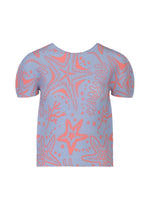The STARFISH tee by me ISSEY MIYAKE features a round neck, short sleeves, and a light blue base with an energetic coral, starfish, and seaweed print in pink and orange—finished without visible buttons for effortless summer flair. - BLUE-HUED （no.78）