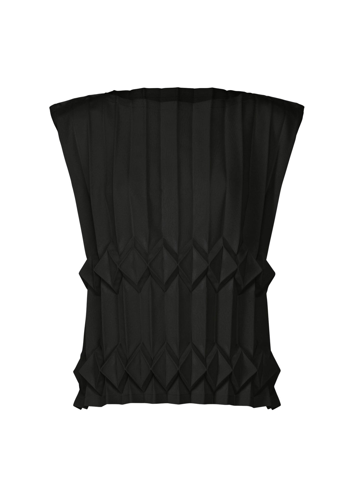 The TREE PLEATS by me ISSEY MIYAKE is a black, sleeveless top with structured pleats and geometric folds, featuring hand-pleated three-dimensional patterns, shown against a white background. view 1 of 8