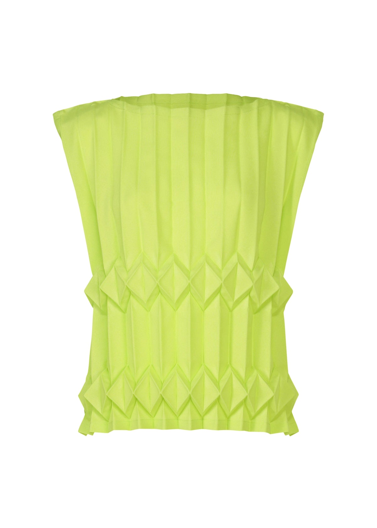The TREE PLEATS top by me ISSEY MIYAKE is a sleeveless, neon yellow piece with a structured, geometric three-dimensional hand-pleated pattern and diamond-shaped accents, shown against a white background. view 2 of 8