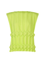 The TREE PLEATS top by me ISSEY MIYAKE is a sleeveless, neon yellow piece with a structured, geometric three-dimensional hand-pleated pattern and diamond-shaped accents, shown against a white background. - LIME YELLOW （no.51）