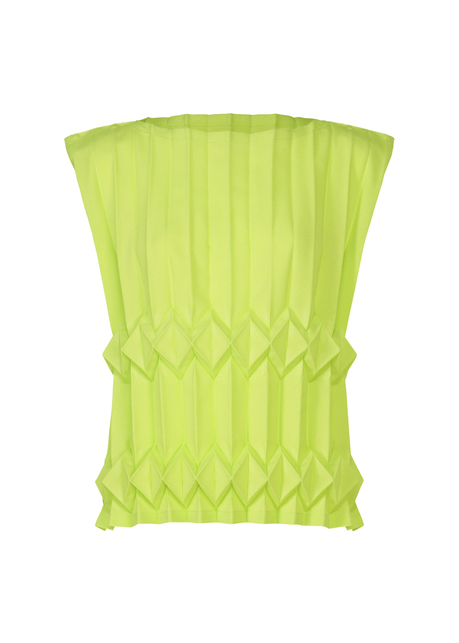 Zoomed view The TREE PLEATS top by me ISSEY MIYAKE is a sleeveless, neon yellow piece with a structured, geometric three-dimensional hand-pleated pattern and diamond-shaped accents, shown against a white background. - LIME YELLOW （no.51）