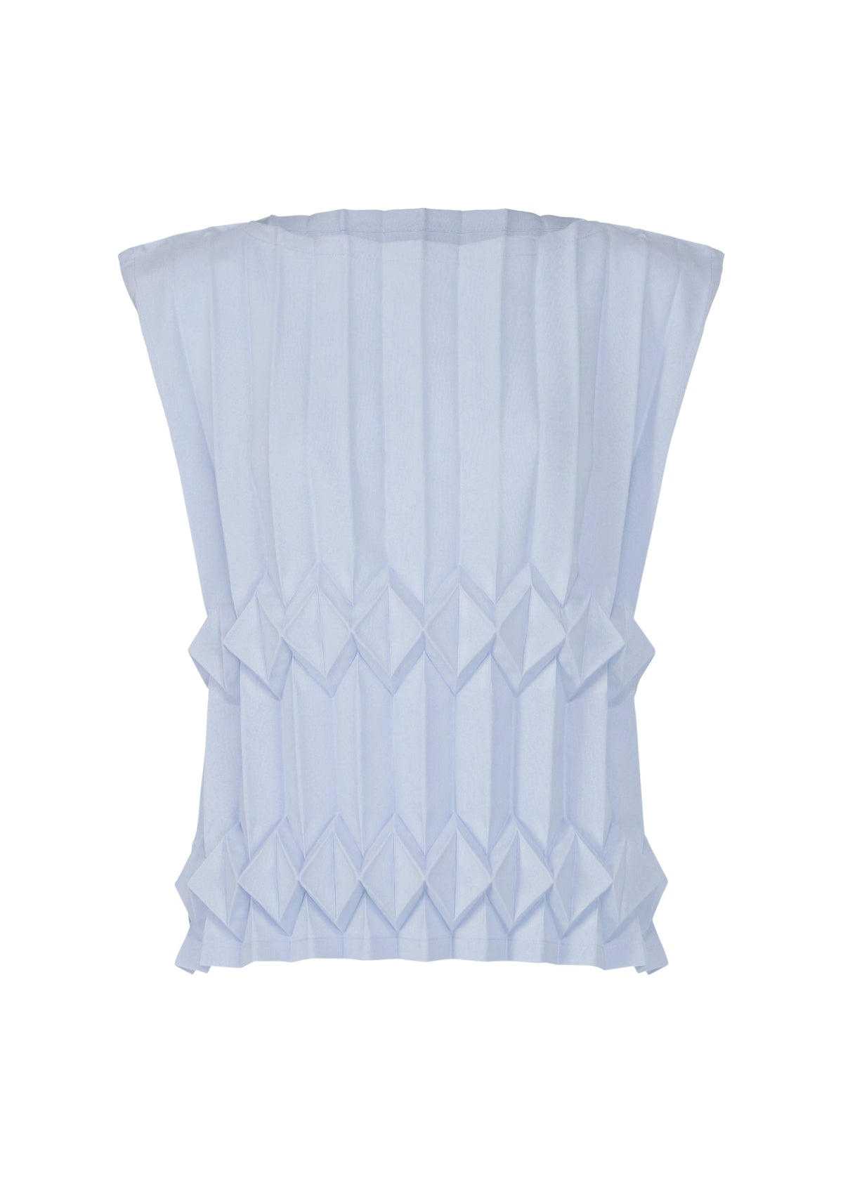TREE PLEATS by me ISSEY MIYAKE is a light blue sleeveless top with hand-pleated vertical lines and a geometric, origami-inspired 3D waist detail. view 3 of 8