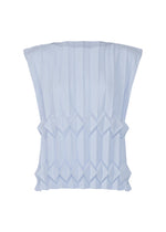 TREE PLEATS by me ISSEY MIYAKE is a light blue sleeveless top with hand-pleated vertical lines and a geometric, origami-inspired 3D waist detail. - FOGGY BLUE （no.71）
