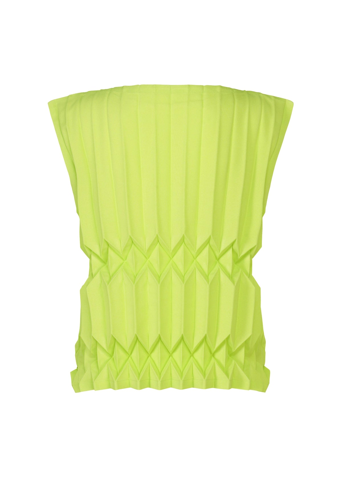 The TREE PLEATS by me ISSEY MIYAKE is a strapless, bright yellow-green sleeveless top with structured geometric hand pleating and an angular, origami-inspired design, shown on a white background. view 4 of 8
