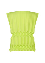 The TREE PLEATS by me ISSEY MIYAKE is a strapless, bright yellow-green sleeveless top with structured geometric hand pleating and an angular, origami-inspired design, shown on a white background.