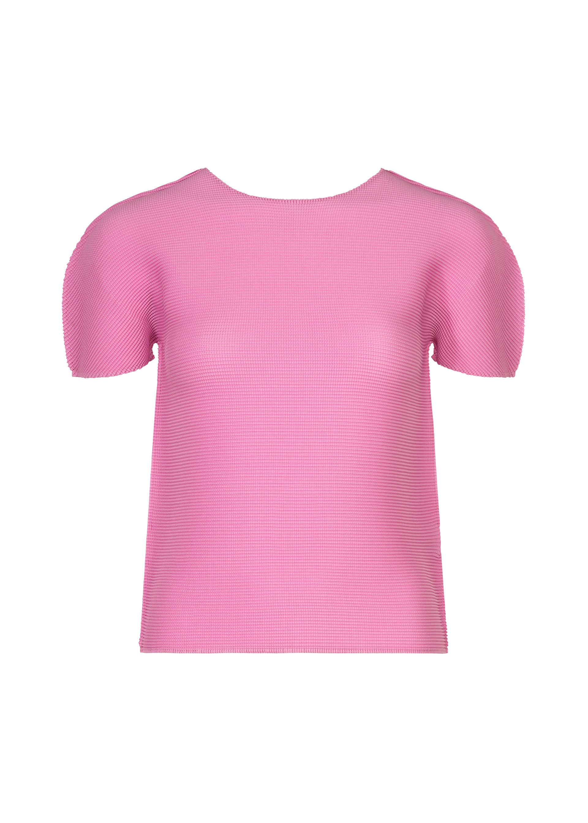 Zoomed view A comfortable-fit, short-sleeved round-neck top in pink from me ISSEY MIYAKE, the STRETCH PLEATS 2, is displayed against a white background. - ROSE PINK （no.20）
