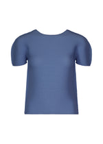 A short-sleeved, blue textured blouse from me ISSEY MIYAKE—STRETCH PLEATS 2—featuring stretch pleats and a round neckline, displayed on a plain white background. - BLUE （no.72）