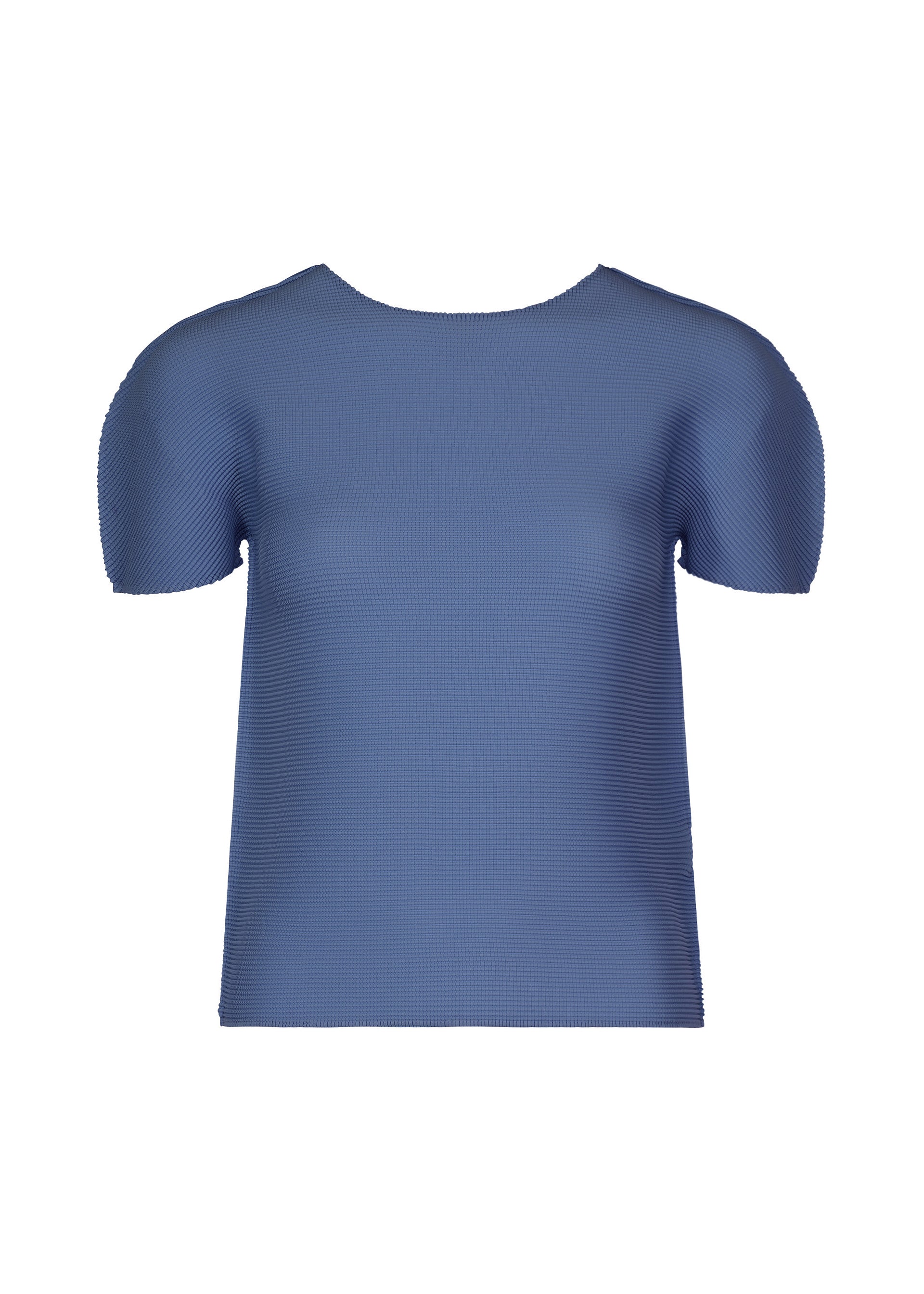 Zoomed view A short-sleeved, blue textured blouse from me ISSEY MIYAKE—STRETCH PLEATS 2—featuring stretch pleats and a round neckline, displayed on a plain white background. - BLUE （no.72）