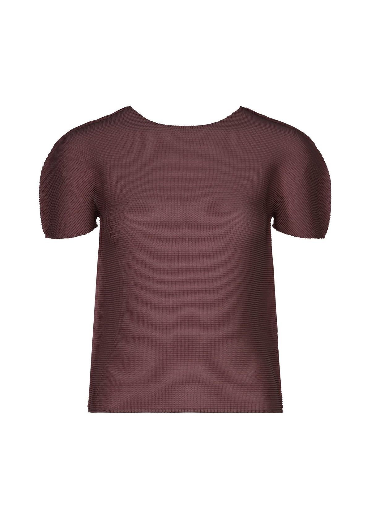 The STRETCH PLEATS 2 blouse by me ISSEY MIYAKE is displayed against a white background. This maroon, short-sleeved top features a round neckline and subtle stretch pleats, showcasing a minimalist design with no visible buttons or patterns. view 3 of 7