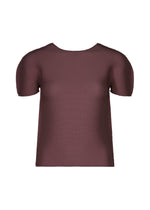 The STRETCH PLEATS 2 blouse by me ISSEY MIYAKE is displayed against a white background. This maroon, short-sleeved top features a round neckline and subtle stretch pleats, showcasing a minimalist design with no visible buttons or patterns. - BORDEAUX （no.84）