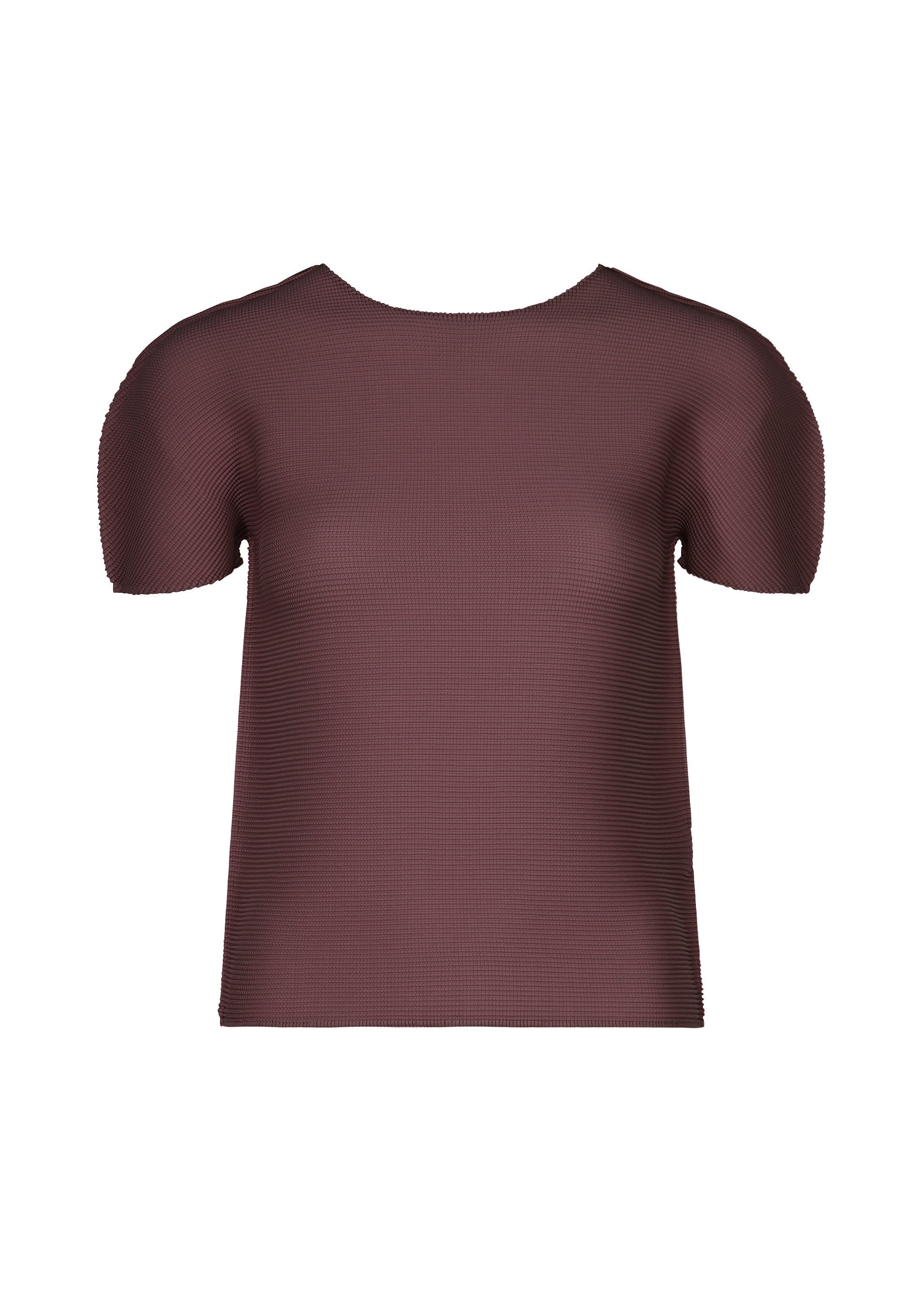 Zoomed view The STRETCH PLEATS 2 blouse by me ISSEY MIYAKE is displayed against a white background. This maroon, short-sleeved top features a round neckline and subtle stretch pleats, showcasing a minimalist design with no visible buttons or patterns. - BORDEAUX （no.84）