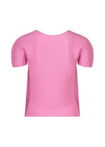 The STRETCH PLEATS 2 top by me ISSEY MIYAKE is displayed from the back in a light pink hue, featuring short sleeves, a classic round neckline, and a simple straight cut design. This understated silhouette offers effortless style with its signature pleated texture.