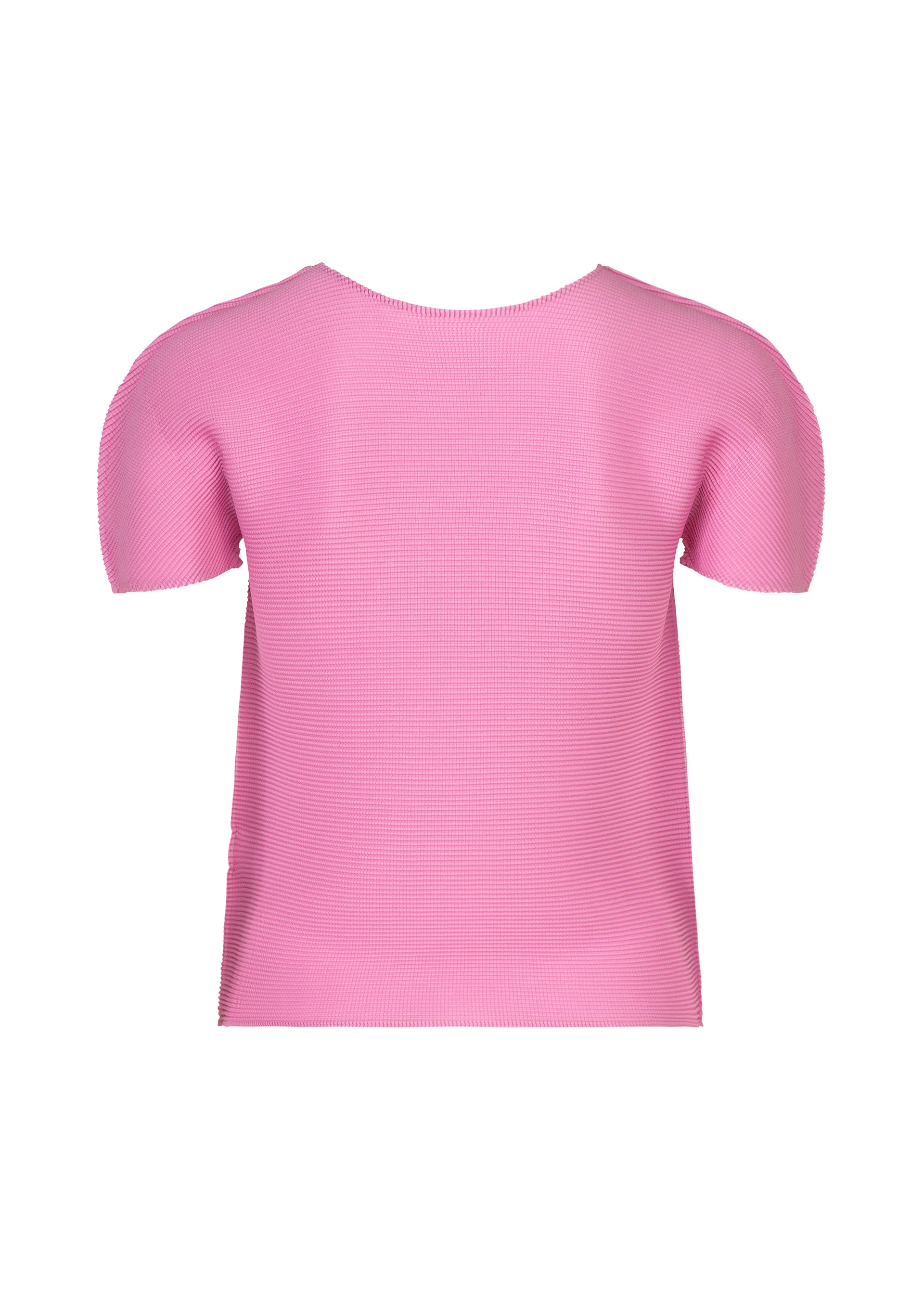 Zoomed view The STRETCH PLEATS 2 top by me ISSEY MIYAKE is displayed from the back in a light pink hue, featuring short sleeves, a classic round neckline, and a simple straight cut design. This understated silhouette offers effortless style with its signature pleated texture.