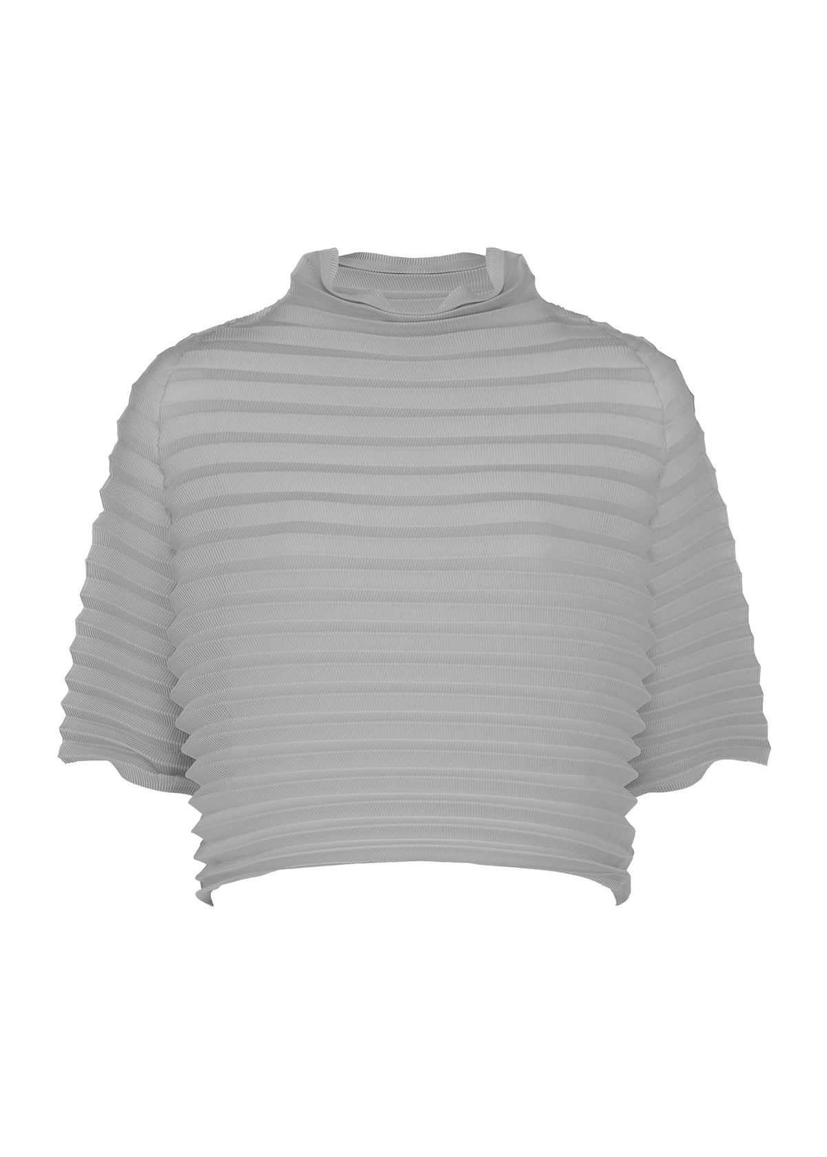 A light gray, short-sleeve, ribbed cropped high-neck top with horizontal textured stripes and a loose mock neck, designed with stretch pleats for a comfortable feel, displayed on a plain white background. view 1 of 7