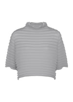 A light gray, short-sleeve, ribbed cropped high-neck top with horizontal textured stripes and a loose mock neck, designed with stretch pleats for a comfortable feel, displayed on a plain white background. - GRAY （no.12）