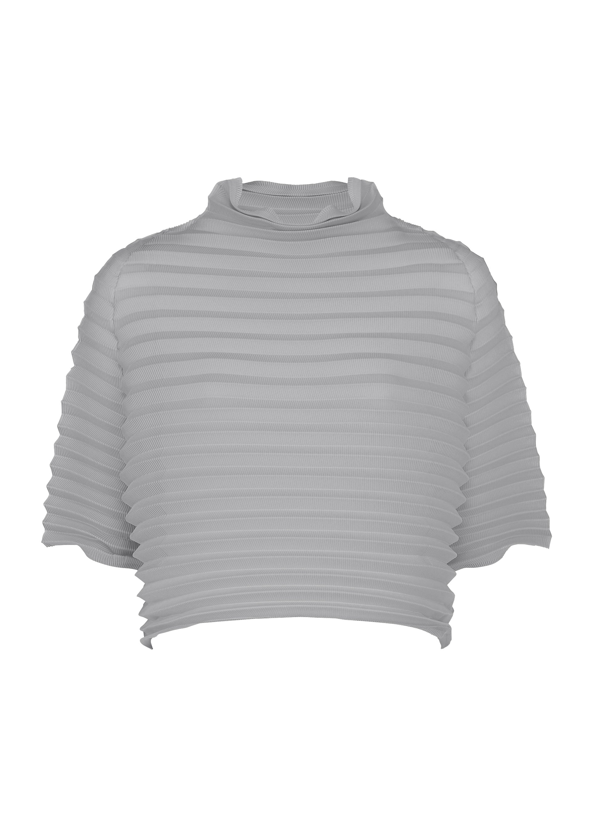 Zoomed view A light gray, short-sleeve, ribbed cropped high-neck top with horizontal textured stripes and a loose mock neck, designed with stretch pleats for a comfortable feel, displayed on a plain white background. - GRAY （no.12）