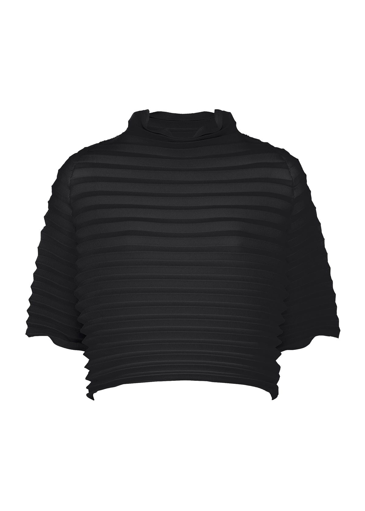 Introducing the ACCORDION STRETCH PLEATS crop top from me ISSEY MIYAKE: a black, short-sleeve, high-neck design crafted with a ribbed, textured pattern and signature stretch pleats for both stylish flair and comfort. Its slightly loose fit makes this high-neck top ideal for effortless everyday wear. view 2 of 7