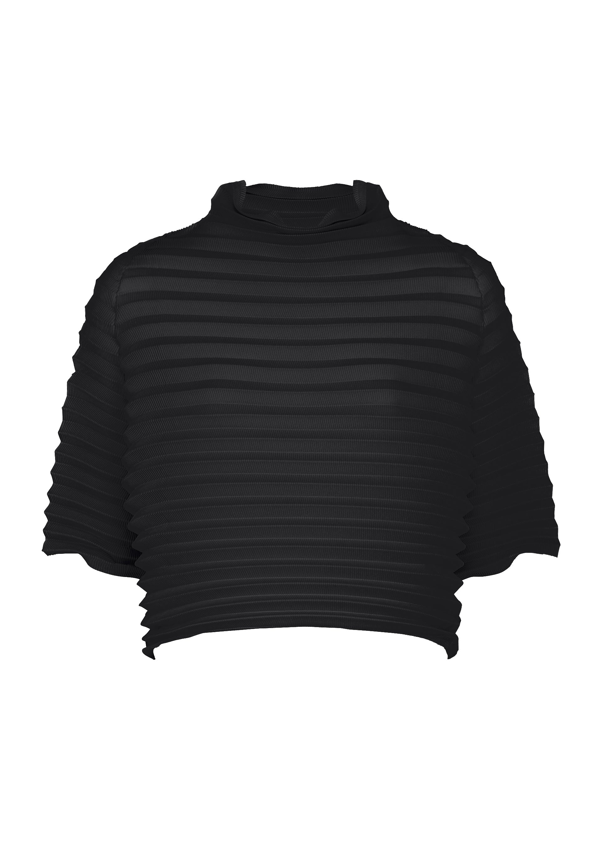 Zoomed view Introducing the ACCORDION STRETCH PLEATS crop top from me ISSEY MIYAKE: a black, short-sleeve, high-neck design crafted with a ribbed, textured pattern and signature stretch pleats for both stylish flair and comfort. Its slightly loose fit makes this high-neck top ideal for effortless everyday wear. - BLACK （no.15）