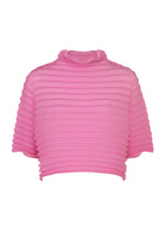 Crafted by me ISSEY MIYAKE, the ACCORDION STRETCH PLEATS top is a pink, short-sleeved, ribbed crop top featuring a high neckline and horizontal textured stripes, designed with stretch pleats for both style and comfort. - ROSE PINK （no.20）