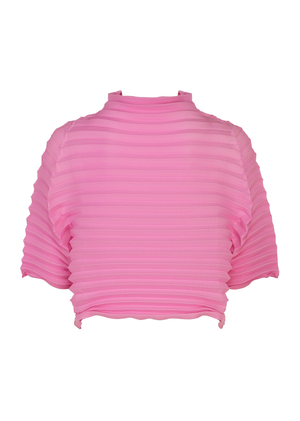 The ACCORDION STRETCH PLEATS crop top by me ISSEY MIYAKE is a pink, short-sleeved style with a comfortable ribbed texture, featuring a high neckline and wavy hem, shown against a white background. view 4 of 7