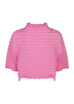The ACCORDION STRETCH PLEATS crop top by me ISSEY MIYAKE is a pink, short-sleeved style with a comfortable ribbed texture, featuring a high neckline and wavy hem, shown against a white background.