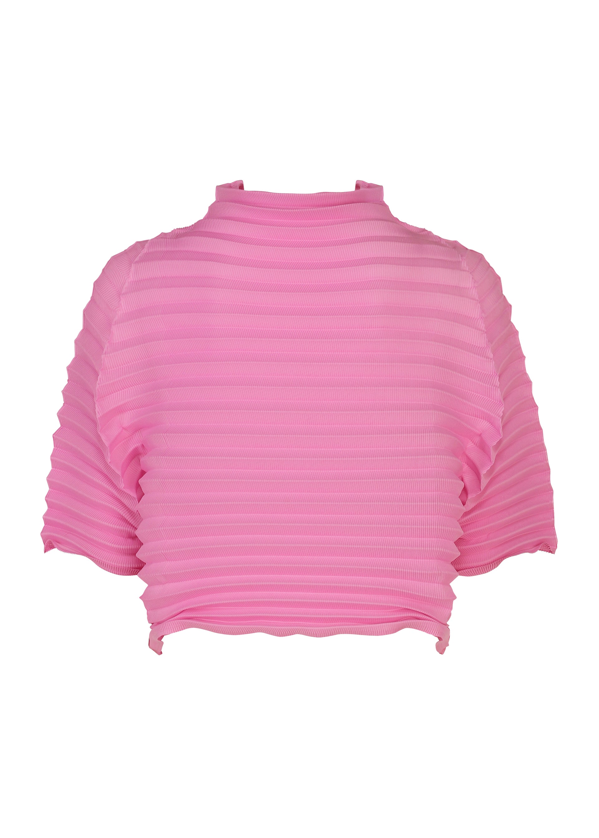 Zoomed view The ACCORDION STRETCH PLEATS crop top by me ISSEY MIYAKE is a pink, short-sleeved style with a comfortable ribbed texture, featuring a high neckline and wavy hem, shown against a white background.