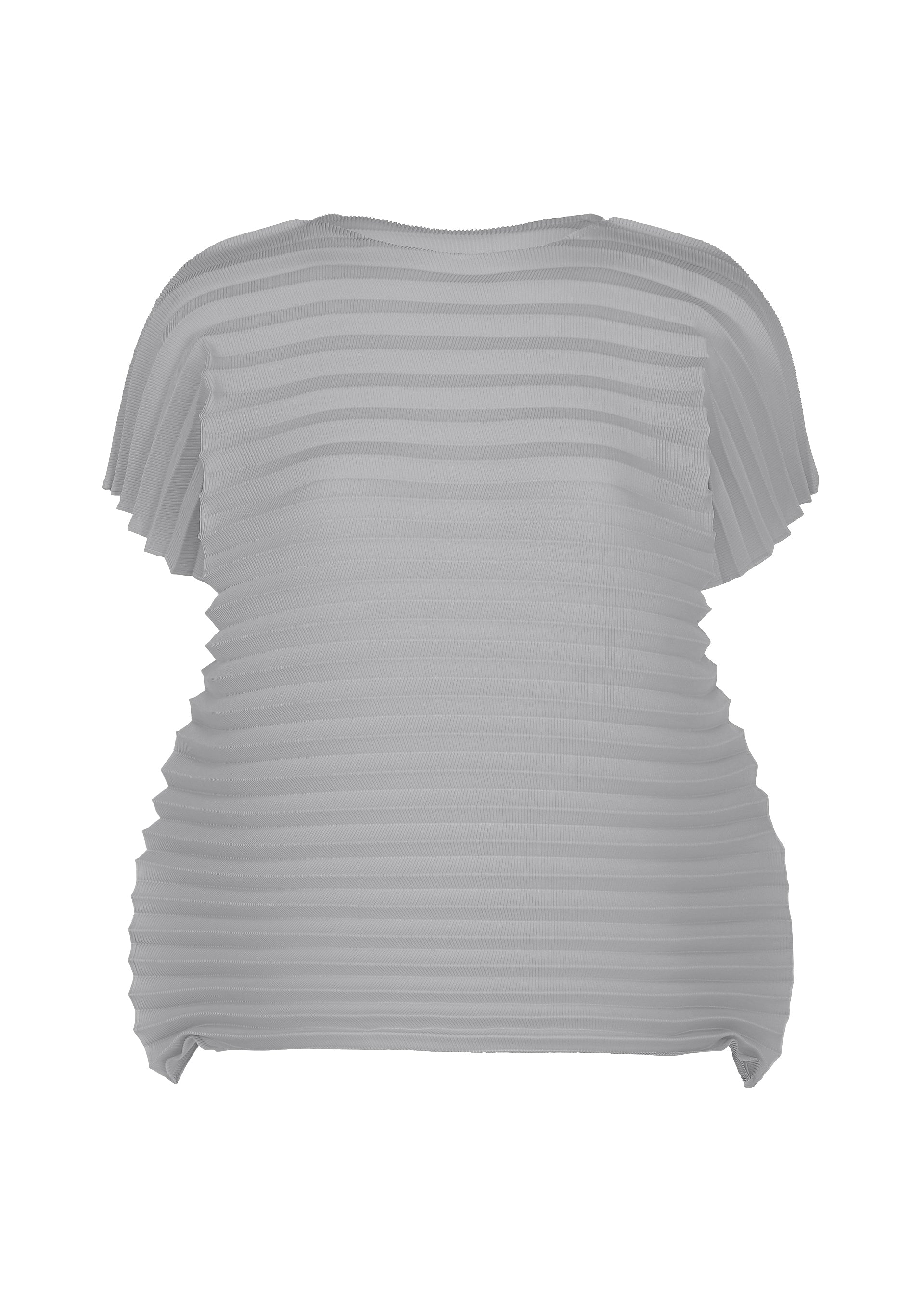 Zoomed view The ACCORDION STRETCH PLEATS top by me ISSEY MIYAKE features short sleeves, a gray ribbed stretch fabric with a pleated texture, and a loose, sculptural silhouette, shown against a plain white background. - GRAY （no.12）