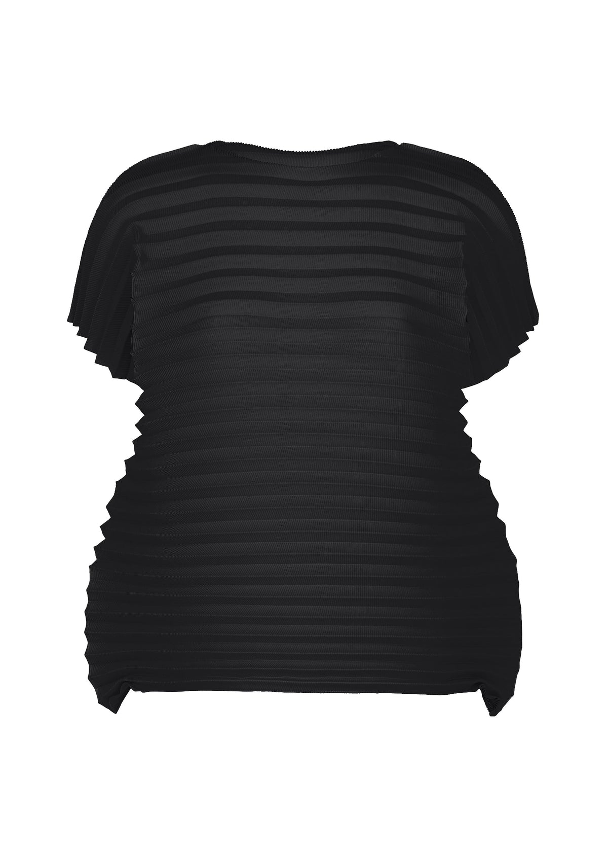 The ACCORDION STRETCH PLEATS blouse by me ISSEY MIYAKE, featuring a black color, round neckline, short sleeves, and handmade pleated construction with a textured horizontal striped pattern, is displayed against a plain white background. view 2 of 7