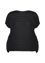 The ACCORDION STRETCH PLEATS blouse by me ISSEY MIYAKE, featuring a black color, round neckline, short sleeves, and handmade pleated construction with a textured horizontal striped pattern, is displayed against a plain white background. - BLACK （no.15）