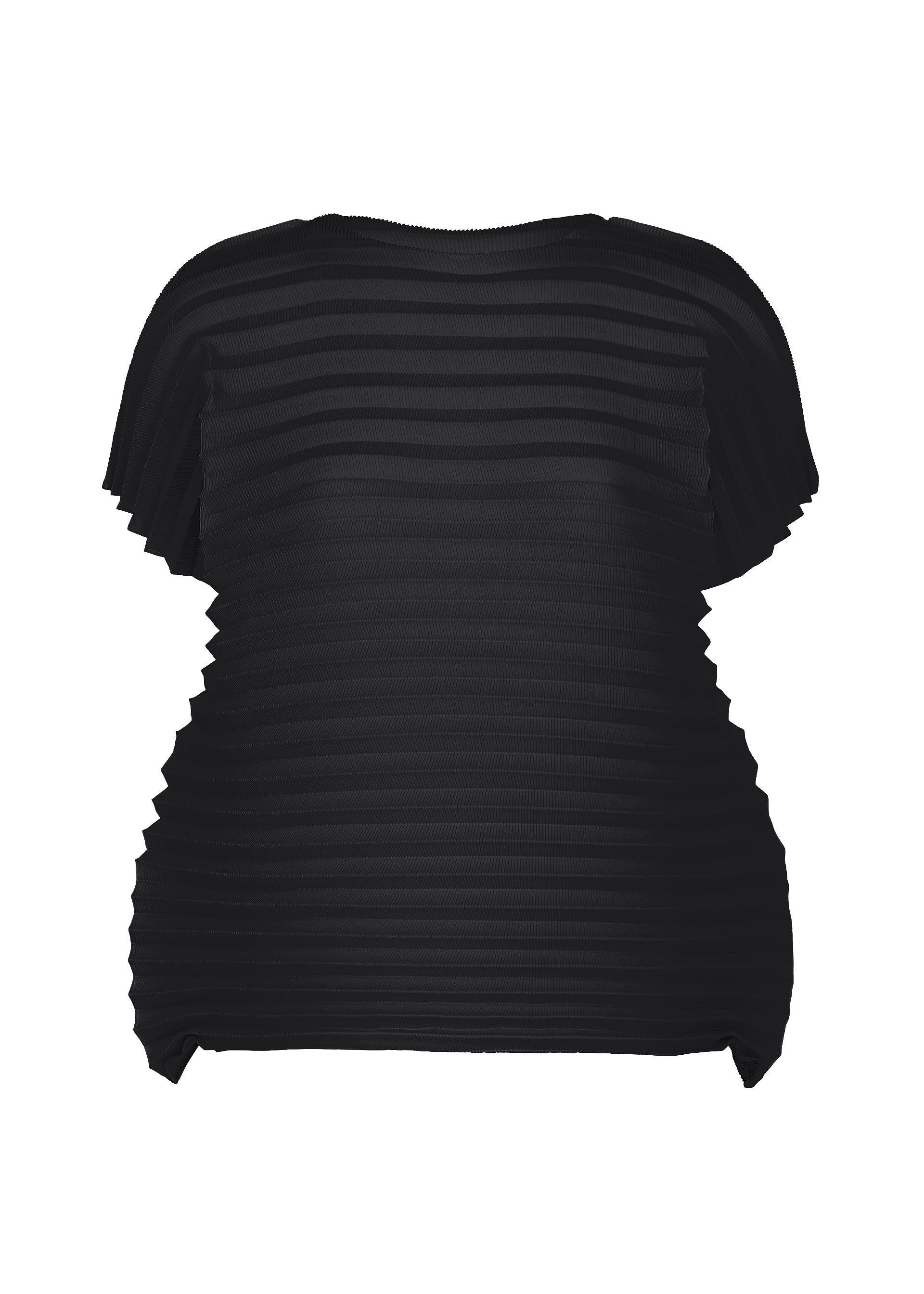 Zoomed view The ACCORDION STRETCH PLEATS blouse by me ISSEY MIYAKE, featuring a black color, round neckline, short sleeves, and handmade pleated construction with a textured horizontal striped pattern, is displayed against a plain white background. - BLACK （no.15）