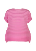 An ACCORDION STRETCH PLEATS top from me ISSEY MIYAKE, featuring short sleeves, a vibrant pink hue, and a round neckline. Horizontal pleats and a subtly flared, sculpted silhouette are crafted in structured, textured fabric for the refined appearance of a handmade pleated blouse. - ROSE PINK （no.20）
