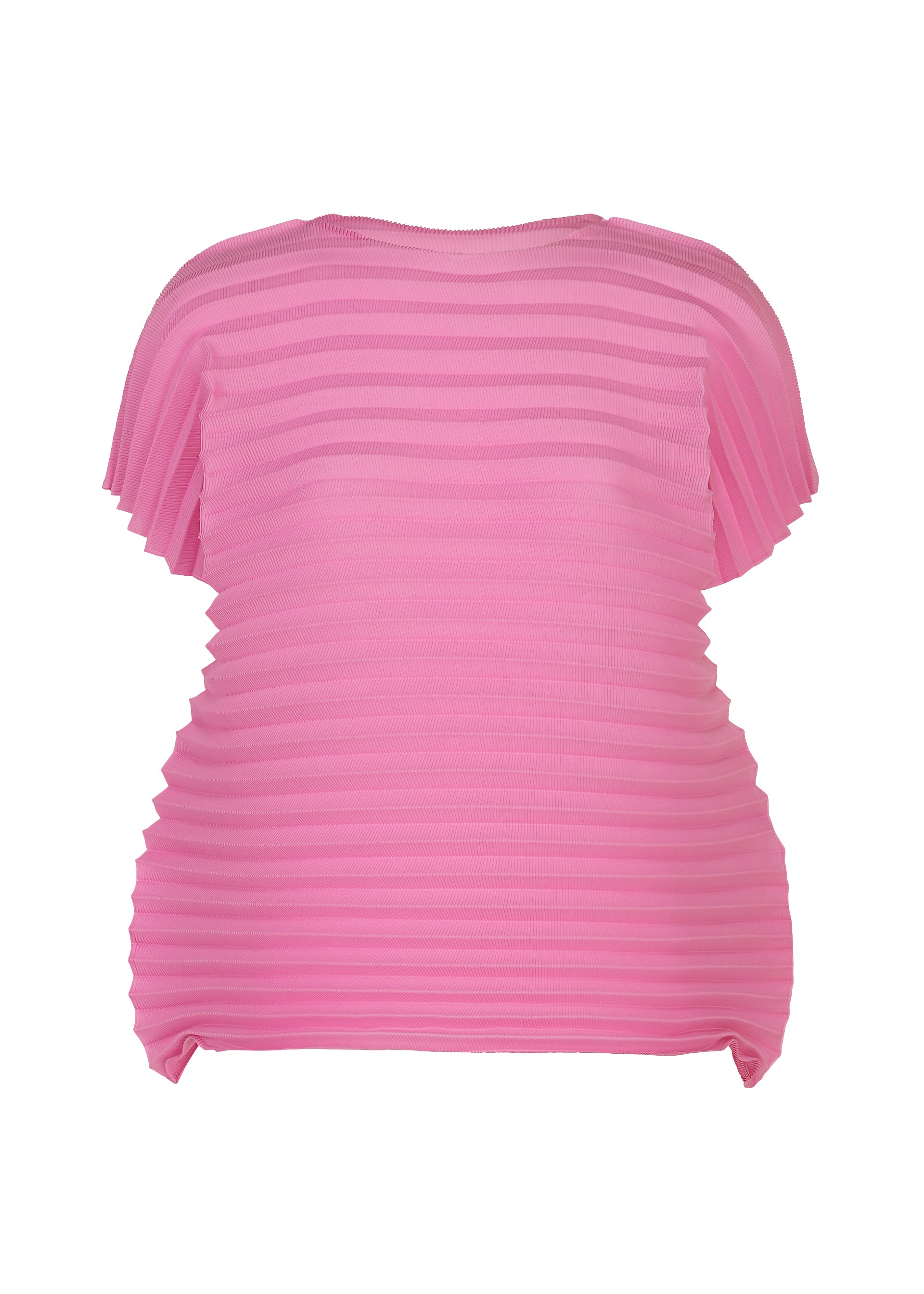 Zoomed view An ACCORDION STRETCH PLEATS top from me ISSEY MIYAKE, featuring short sleeves, a vibrant pink hue, and a round neckline. Horizontal pleats and a subtly flared, sculpted silhouette are crafted in structured, textured fabric for the refined appearance of a handmade pleated blouse. - ROSE PINK （no.20）