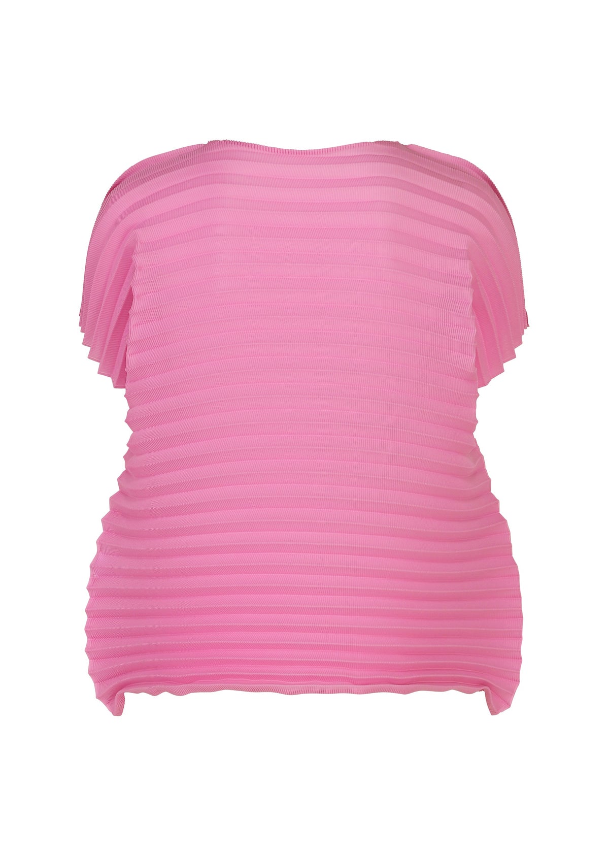 The ACCORDION STRETCH PLEATS top by me ISSEY MIYAKE is displayed against a plain white background. This pink blouse features a round neckline and short sleeves, crafted in a textured fabric with horizontal ridges. Its loose, boxy silhouette emphasizes the distinctive handmade pleating technique characteristic of the brand’s unique craftsmanship. view 4 of 7