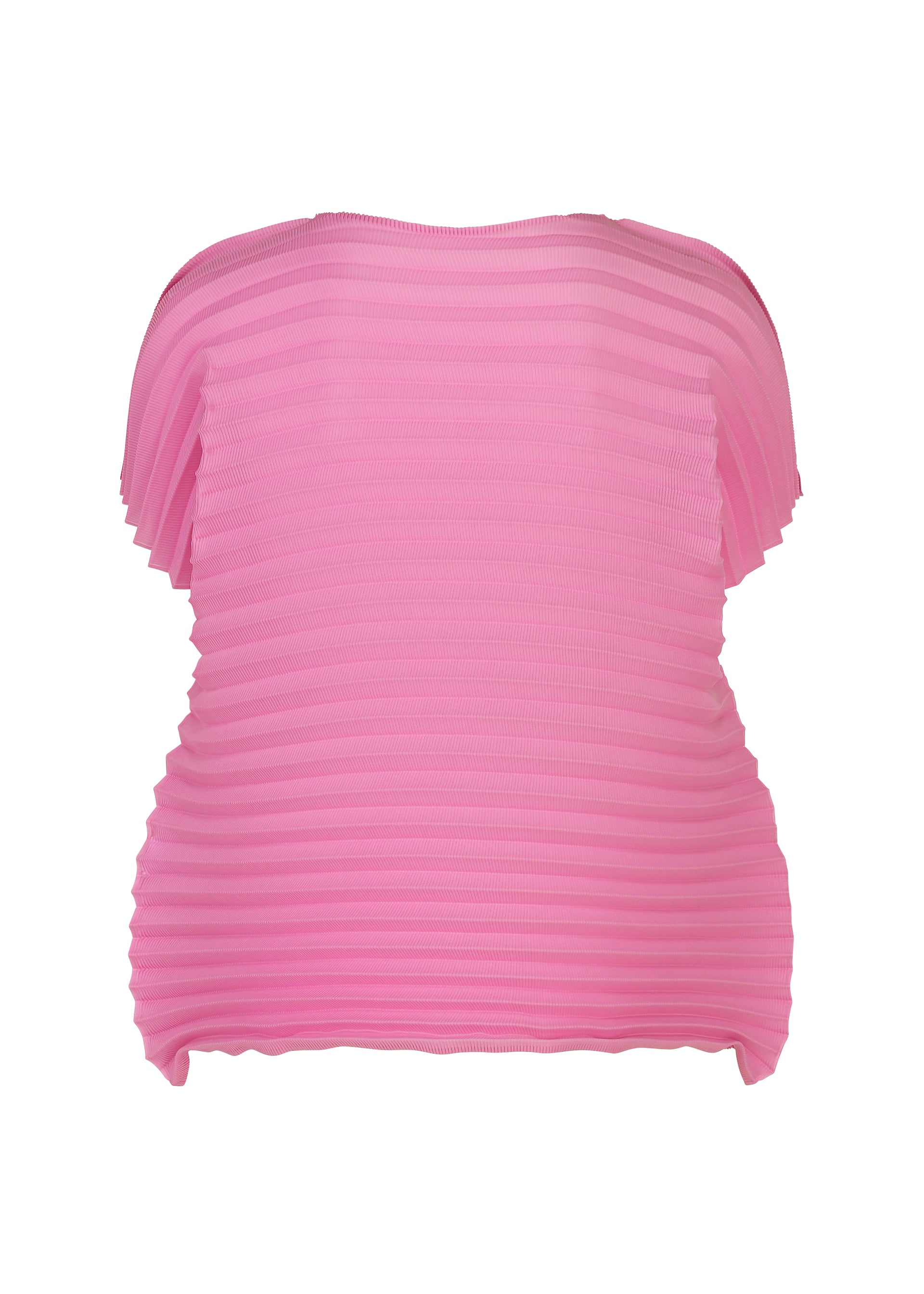 Zoomed view The ACCORDION STRETCH PLEATS top by me ISSEY MIYAKE is displayed against a plain white background. This pink blouse features a round neckline and short sleeves, crafted in a textured fabric with horizontal ridges. Its loose, boxy silhouette emphasizes the distinctive handmade pleating technique characteristic of the brand’s unique craftsmanship.