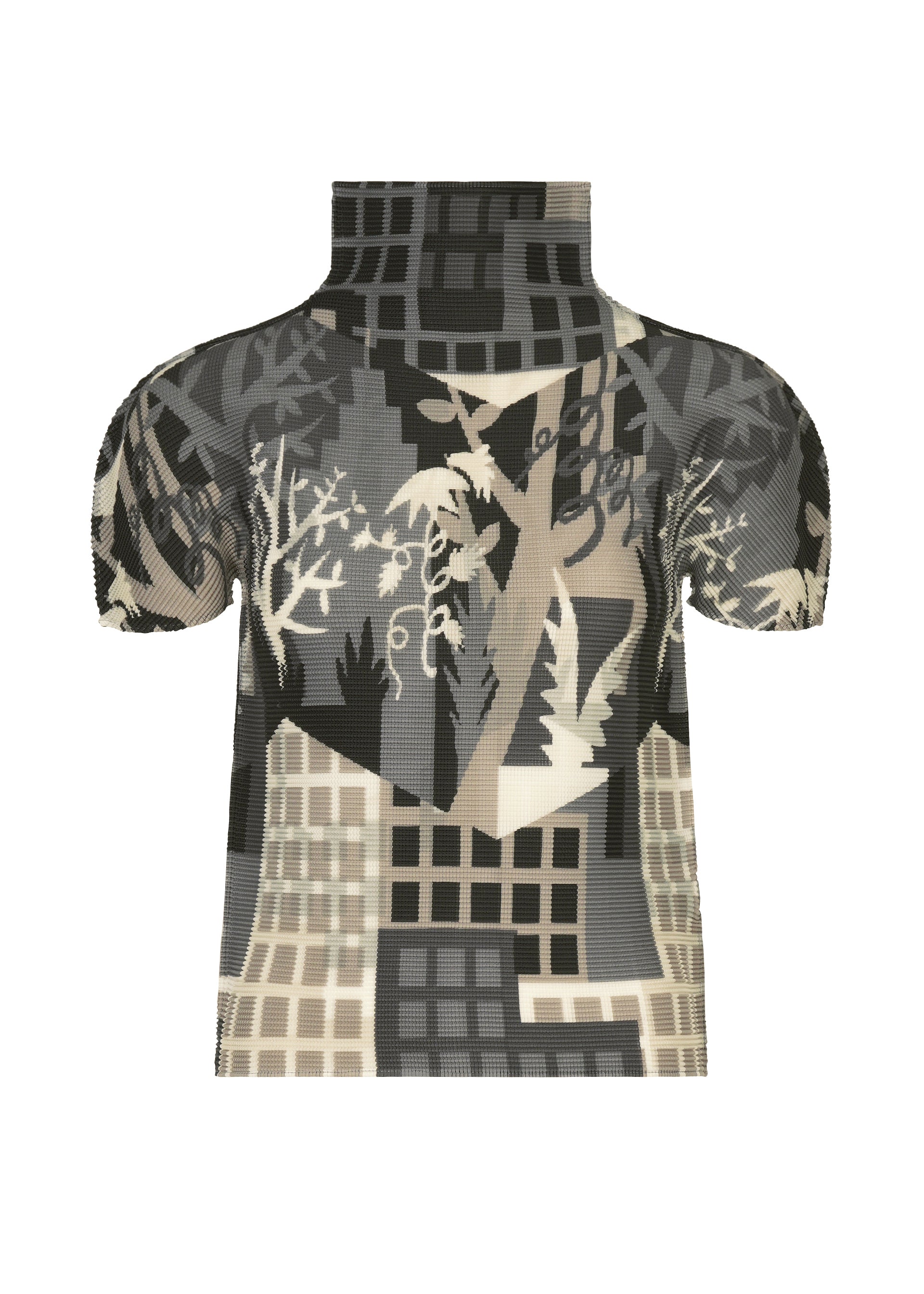 Zoomed view The BUILDING top by me ISSEY MIYAKE is a short-sleeve, high-neck piece showcasing abstract black, grey, and beige patterns with geometric shapes and organic, leaf-inspired motifs. - GRAY-HUED （no.17）