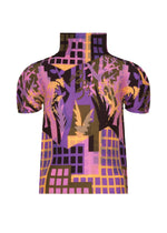 A short-sleeve shirt from me ISSEY MIYAKE’s BUILDING collection, featuring geometric patterns in purple, pink, yellow, and black with abstract shapes, city buildings inspired by urban farming, and leafy designs on the front. - PINK-HUED （no.27）