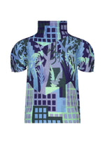 A short-sleeved, high-neck BUILDING top by me ISSEY MIYAKE, crafted with stretch pleats and adorned with an abstract motif of blue and purple buildings, geometric accents, and leafy patterns in shades of blue, lavender, and green—offering an artistic nod to urban farming. - BLUE-HUED （no.78）