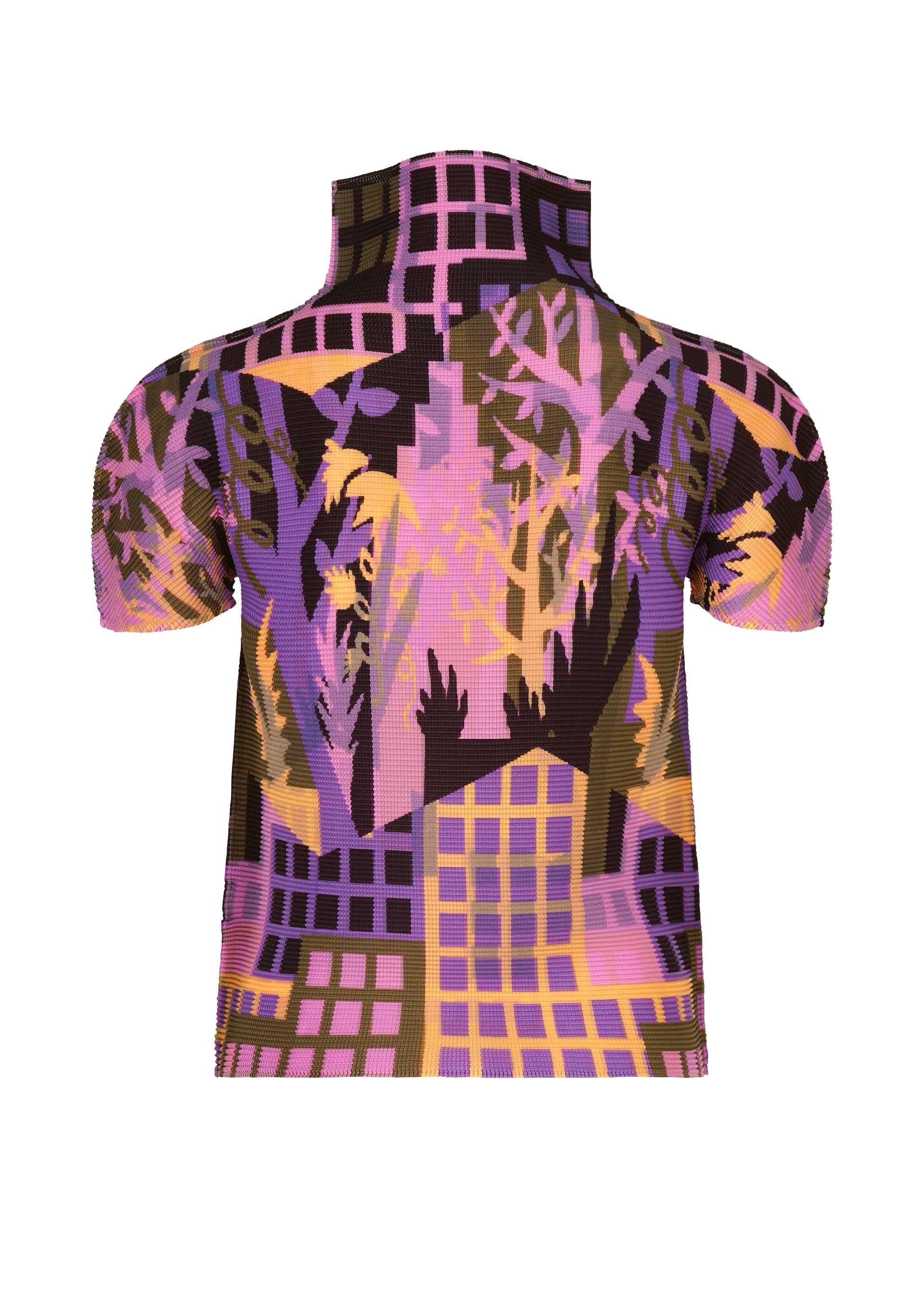Zoomed view A short-sleeved, high-neck BUILDING top by me ISSEY MIYAKE, crafted with stretch pleats and showcasing a purple, pink, and black abstract cityscape and foliage pattern.
