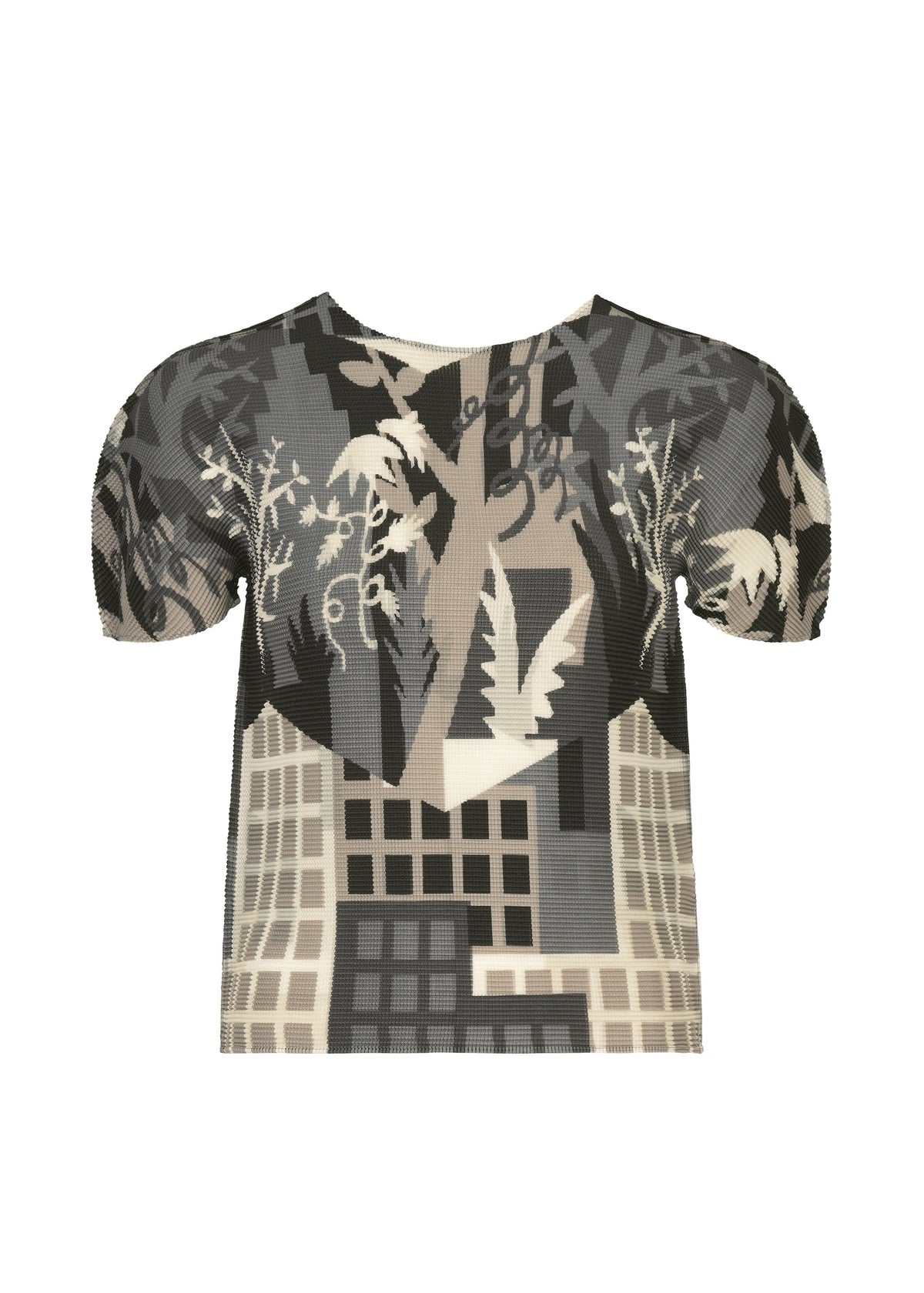 The BUILDING top by me ISSEY MIYAKE is a short-sleeve pleated round-neck style featuring an abstract cityscape with buildings and foliage in shades of gray, black, and beige. view 1 of 7