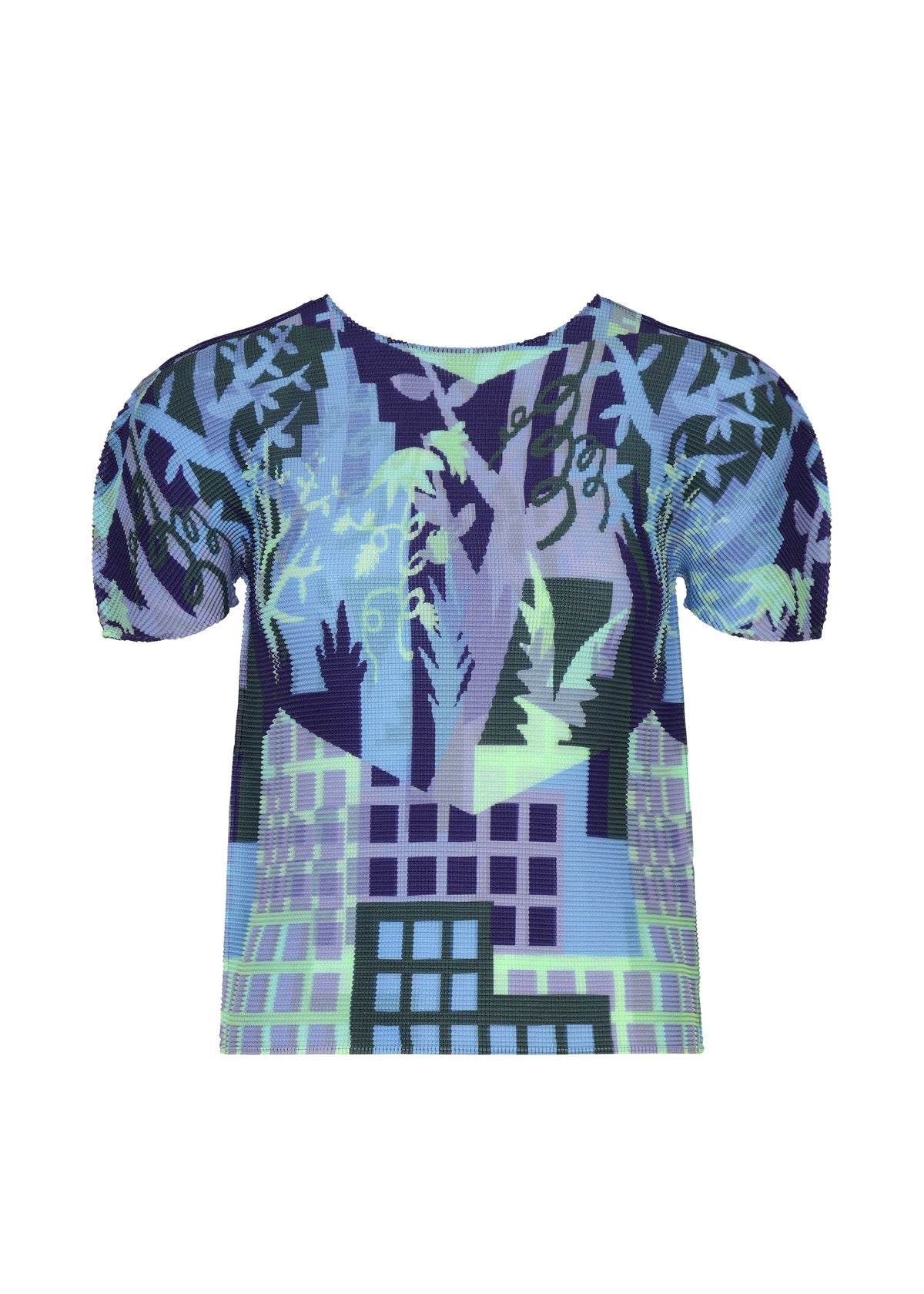 The BUILDING top by me ISSEY MIYAKE is a short-sleeved, pleated round-neck piece adorned with an abstract cityscape of buildings, plants, and leaves in shades of blue, purple, and green. view 3 of 7
