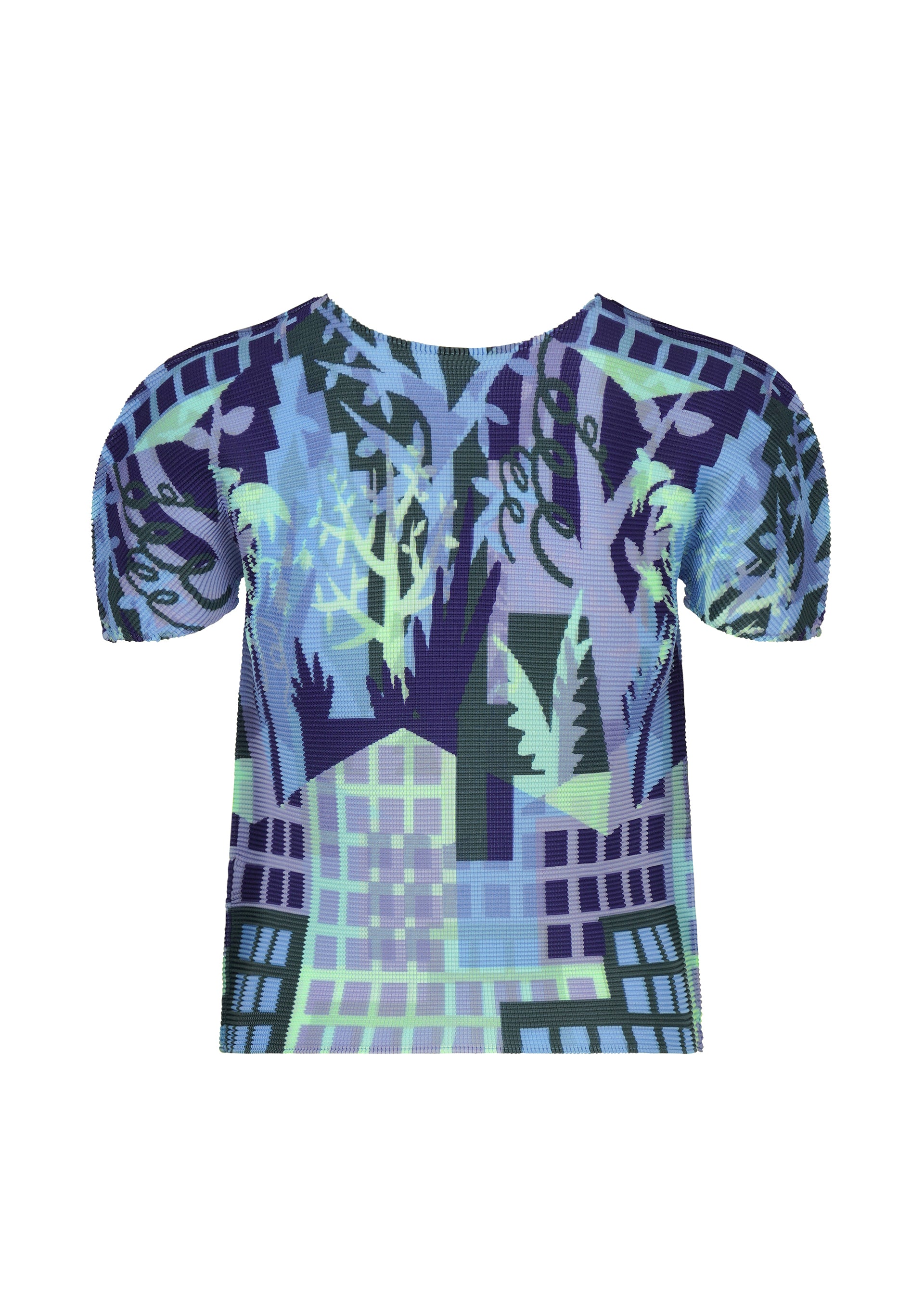 Zoomed view Sure! Here’s a rewritten version using the given product data: The BUILDING top by me ISSEY MIYAKE is a short-sleeved, pleated round-neck style featuring an abstract cityscape and forest motif in shades of blue, purple, and green with geometric shapes and tree silhouettes.