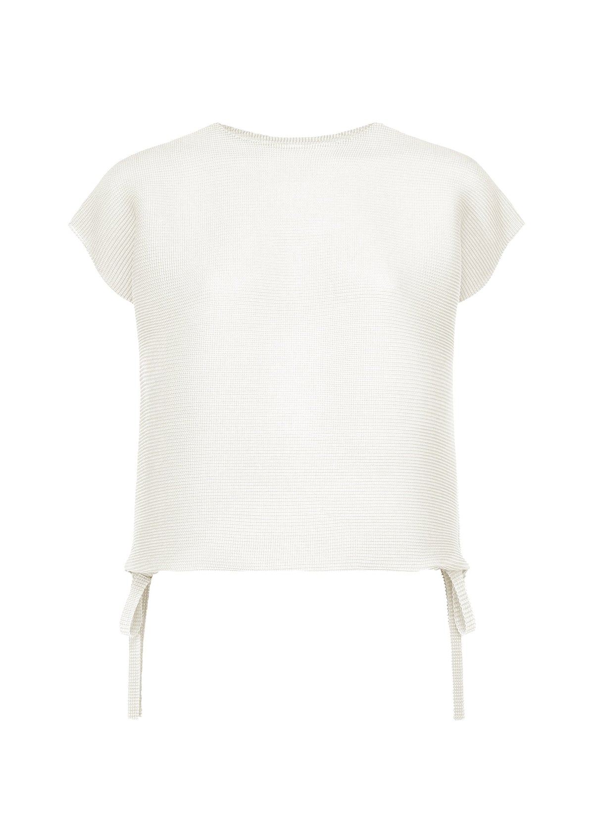 The SQUARE STRETCH PLEATS by me ISSEY MIYAKE is a white, round-neck short-sleeve knit top featuring a ribbed texture and side ties at the hem for an adjustable silhouette. With its loose fit and stretchy construction, this top is displayed against a plain white background. view 1 of 12