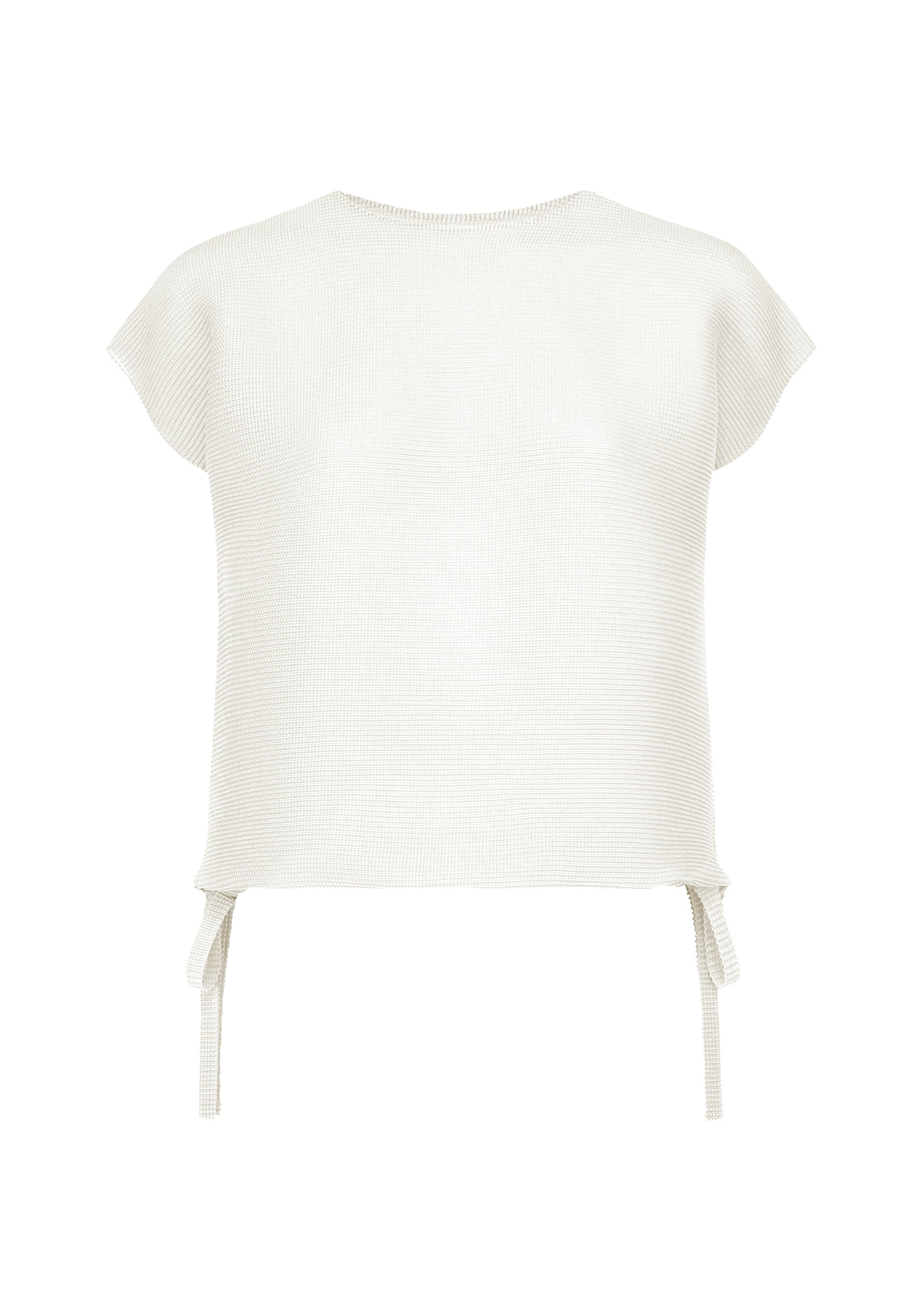 Zoomed view The SQUARE STRETCH PLEATS by me ISSEY MIYAKE is a white, round-neck short-sleeve knit top featuring a ribbed texture and side ties at the hem for an adjustable silhouette. With its loose fit and stretchy construction, this top is displayed against a plain white background. - WHITE （no.01）
