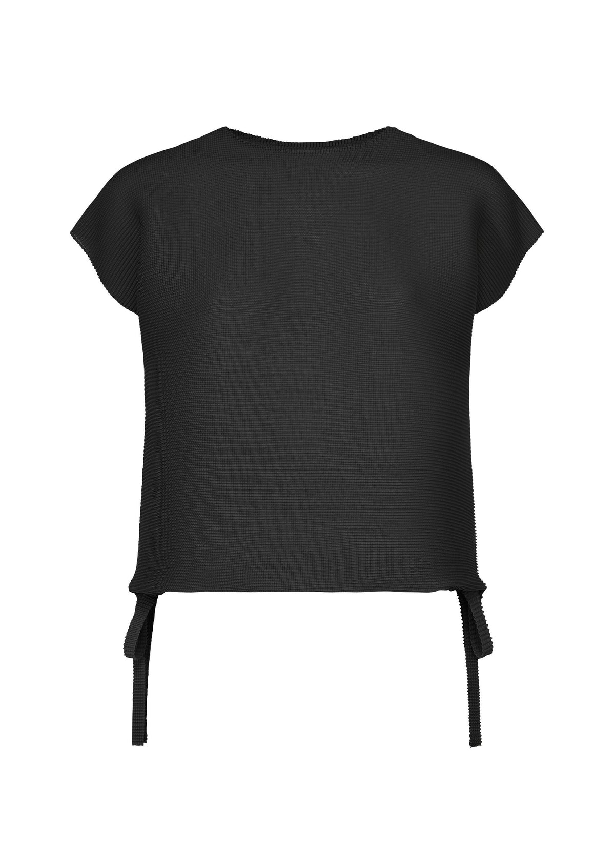 The SQUARE STRETCH PLEATS top by me ISSEY MIYAKE is a black, round-neck, short-sleeve style crafted from textured stretch fabric, designed with a loose fit and finished with side ties at the bottom hem for an adjustable silhouette, shown on a white background. view 2 of 12