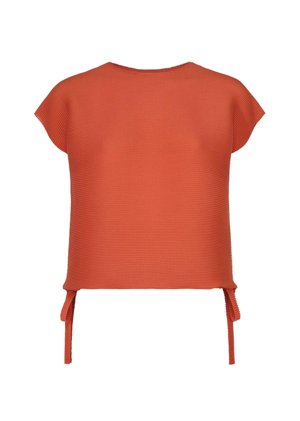 Zoomed view SQUARE STRETCH PLEATS short-sleeved, ribbed orange round-neck top by me ISSEY MIYAKE, featuring side ties and an adjustable silhouette, displayed on a plain white background. - VERMILION （no.34）